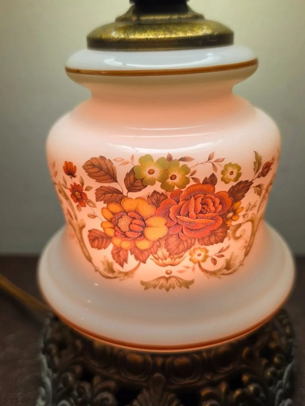Vintage Quoizel Hurricane Table Lamp with a Floral Pattern and Metal Base